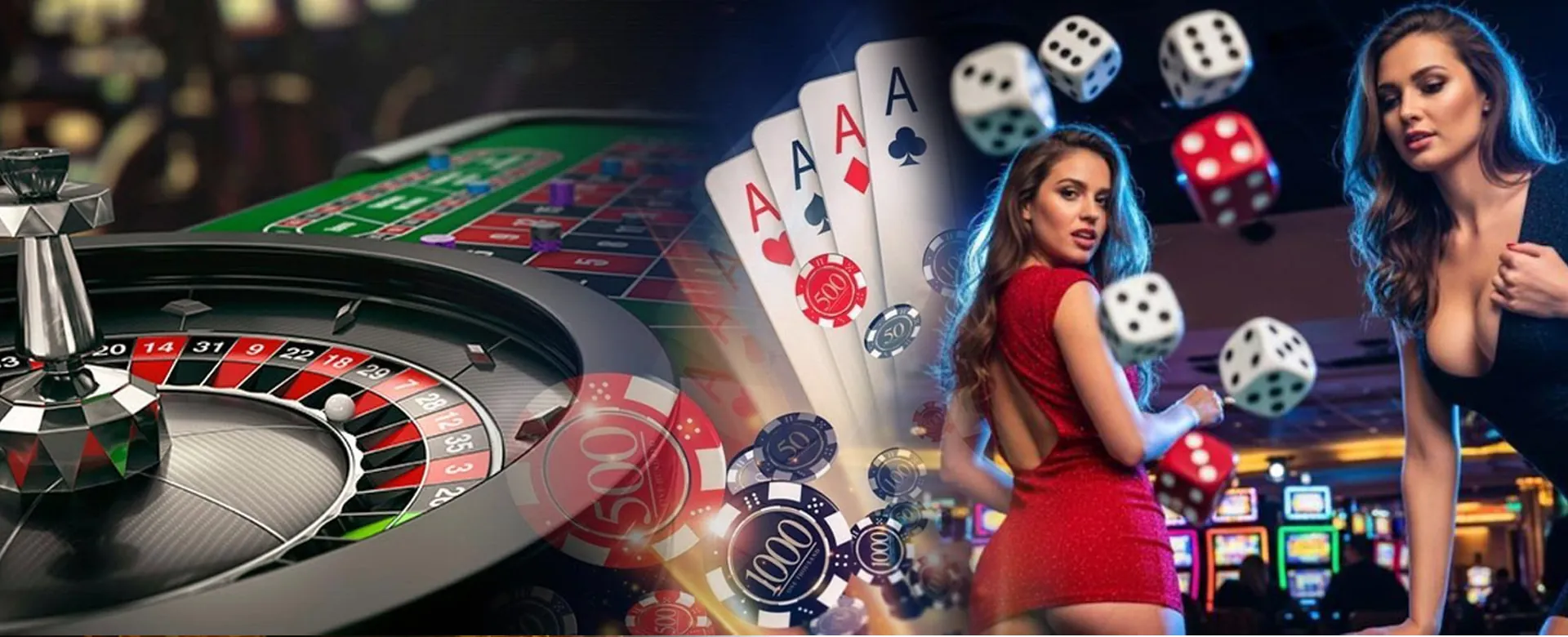 Dynamic background of a vibrant online casino with slot machines and card games